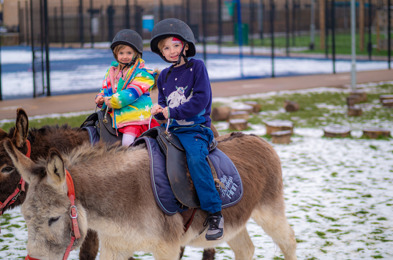Children riding donkey's in the snow