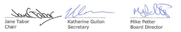 Signatures of Jane Tabor (Chair of Board(, Katherine Gullon (Secretary) and Mike Petter (Board Director)