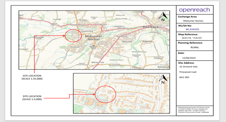 Openreach site location map showing the position of 31 Orchard Vale, Midsomer Norton, with a wider area map and a detailed street-level map highlighting the site in red.