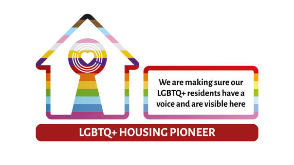 Pledge Pioneer artwork, reads - we are making sure our LGBTQ+ residents have a voice and are visible here