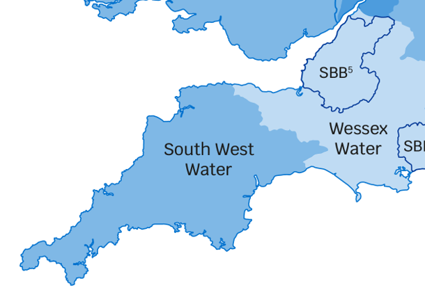 South West Water service area map showing water supply boundaries in Cornwall, Devon and southwest England.