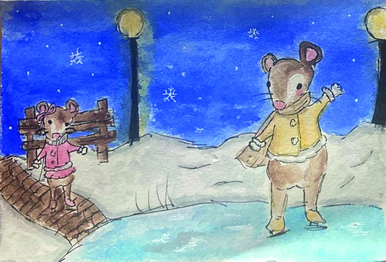 Beautiful blue and white watercolour painting of a mouse ice skating on a lake