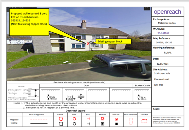 Openreach street-level survey image showing the front of 31 Orchard Vale, Midsomer Norton, with annotations indicating the proposed location of a wall-mounted 8-port connectorised block terminal (CBT) next to an existing copper telecommunications block.