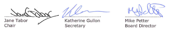 Signatures of Jane Tabor (Chair of Board), Katherine Gullon (Secretary), and Mike Petter (Director of Board)
