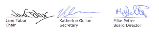 Signatures of Jane Tabor (Board Chair), Katherine Gullon (Secretary) and Mike Petter (Board Director)