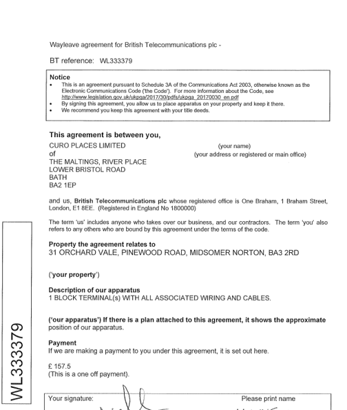 Wayleave agreement between Curo Places Limited and British Telecommunications plc for telecommunications apparatus at 31 Orchard Vale, Midsomer Norton.