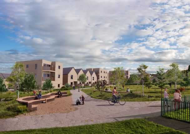 Image of proposed development show people enjoying green space in which a modern low-density development sits