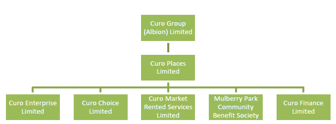 Organisational structure chart showing Curo Group (Albion) Limited at the top, with Curo Places Limited beneath it. Five subsidiary organisations sit below Curo Places Limited: Curo Enterprise Limited, Curo Choice Limited, Curo Market Rented Services Limited, Mulberry Park Community Benefit Society, and Curo Finance Limited.