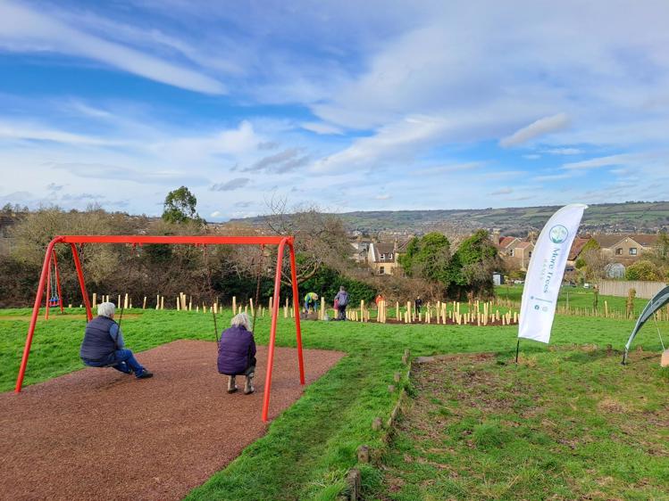 Two people sit on swings with their backs to us. They are looking towards a patch of newly planted trees